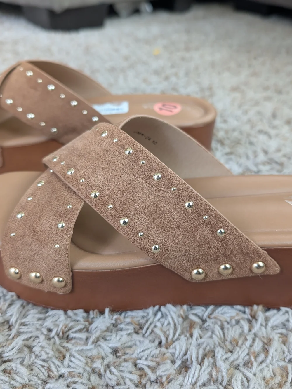 TOP Moda Tan Suede Studded Platform Slide Sandals. Size 10